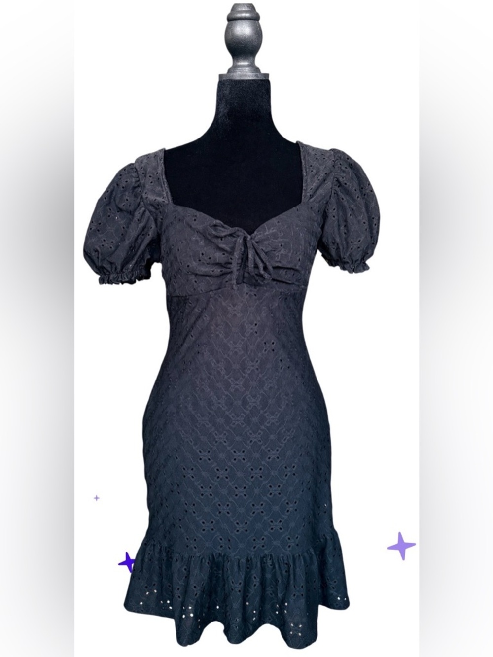 Black Eyelet Puff-Sleeve Dress with Ruffle Hem